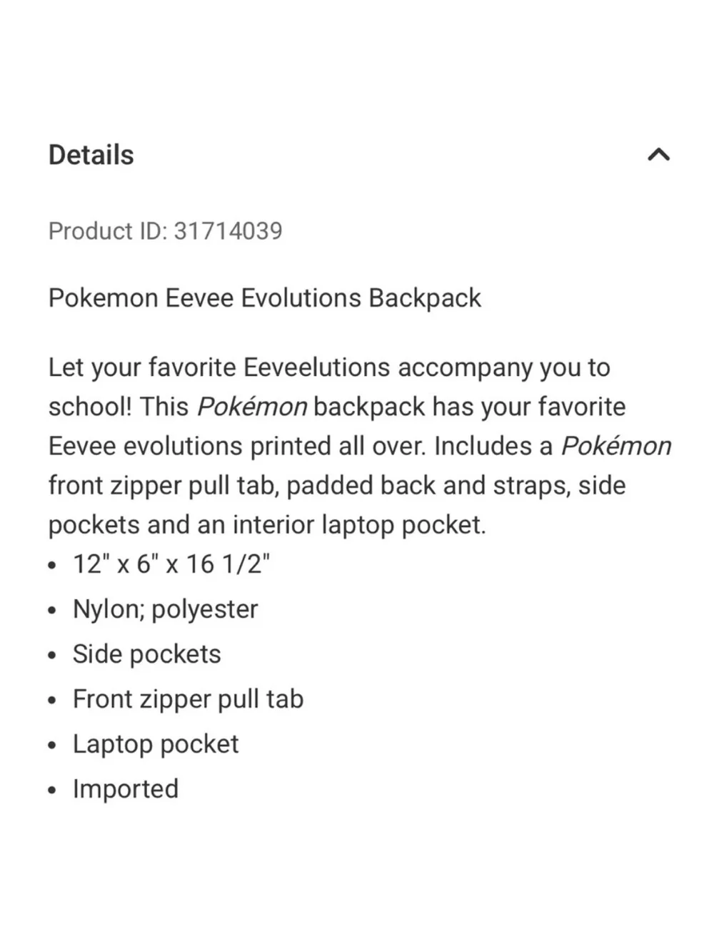 Bioworld Pokemon Eevee EVOLUTIONS Black & Blue Backpack NWT